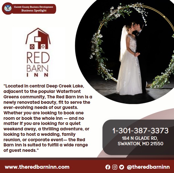 Today's Business Spotlight 📣 is on Red Barn Inn! 
Visit them at www.theredbarninn.com or Red Barn Inn & Events
Follow us to see more daily Garrett County Business Spotlights!
If you are interested in having your business featured contact Connor Norman at cnorman@garrettcountymd.gov. #BusinessDevelopment #garrettcountymd